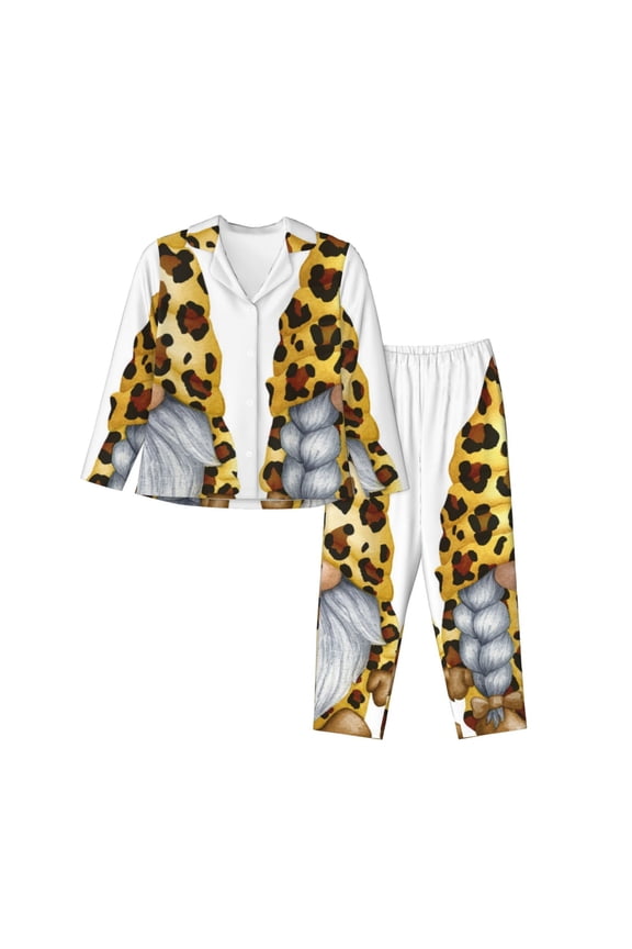 Leopard Gnomes Print Womens Pajamas Set,Long Sleeve Sleepwear,Button Down Lounge Set 2 Pieces,Soft Nightwear Pjs Set-Large