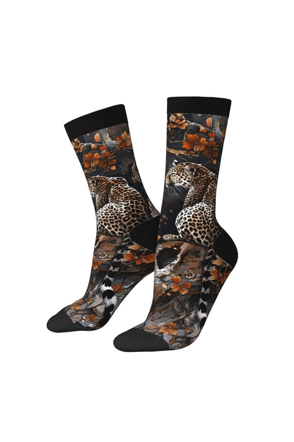 Leopard On Tree Branch Print Adult Socks for Men & Women,Calf Socks, Ankle Socks,Boots Socks,Breathable Casual Sock,Unisex Crew Socks