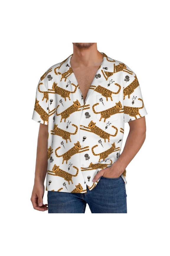 Leopard Print Print Men's Button Down Shirts Short Sleeve, Summer Beach Shirts,Vacation Wedding Shirts,Men's Casual Button-Down Shirts with Pocket-4X-Large