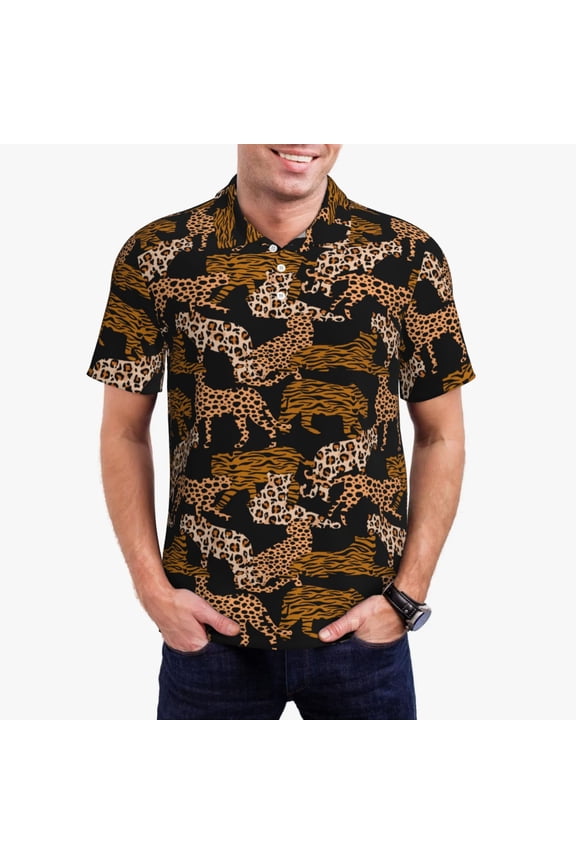Leopard Print Print Mens Polo Shirts,Mens Golf Polo Shirts,Short Sleeve Casual Polo Shirts for Men,Summer Fashion Beach Shirts-Large