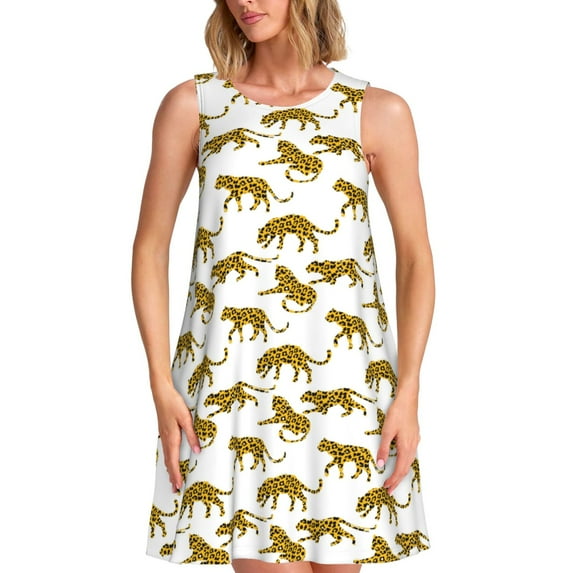 Logiee Leopard Print Print Summer Dresses for Women,Beach Sleeveless Flowy Pocket Tshirt Tank Sundresses,Women's Sleeveless Dress