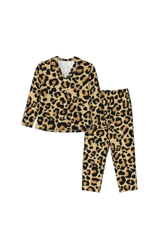 Leopard Print Print Womens Pajamas Set,Long Sleeve Sleepwear,Button Down Lounge Set 2 Pieces,Soft Nightwear Pjs Set-Medium