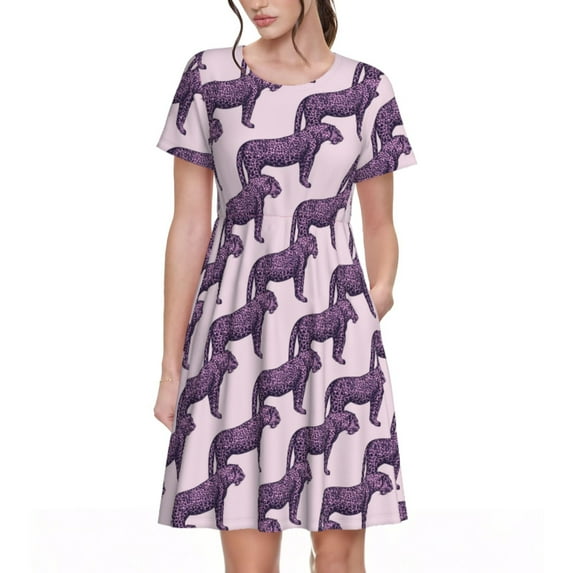 Logiee Leopard Print Print Womens Summer Dress,Casual Short Sleeve Sundresses,Beach A-line Shift Dress with Pockets