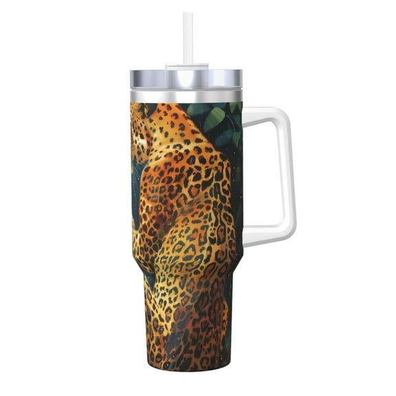 Logiee Leopard Reading Tarot Cards Print 40OZ Ice Bully Cup with Handle and Straw, Double Wall Stainless Steel Tumbler,Travel Coffee Cup with Lid, Summer Insulation and Cooling Cup
