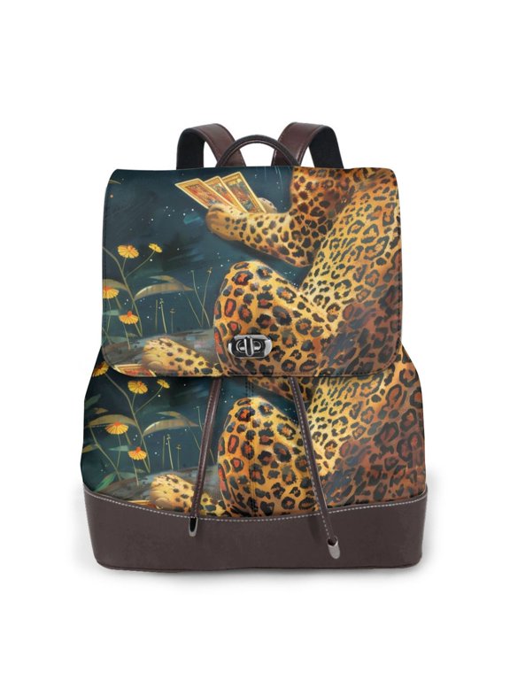 Logiee Leopard Reading Tarot Cards Print Backpack Purse for Women,Fashion Leather Backpack Purse,Women's Leather Backpack for Work College Travel