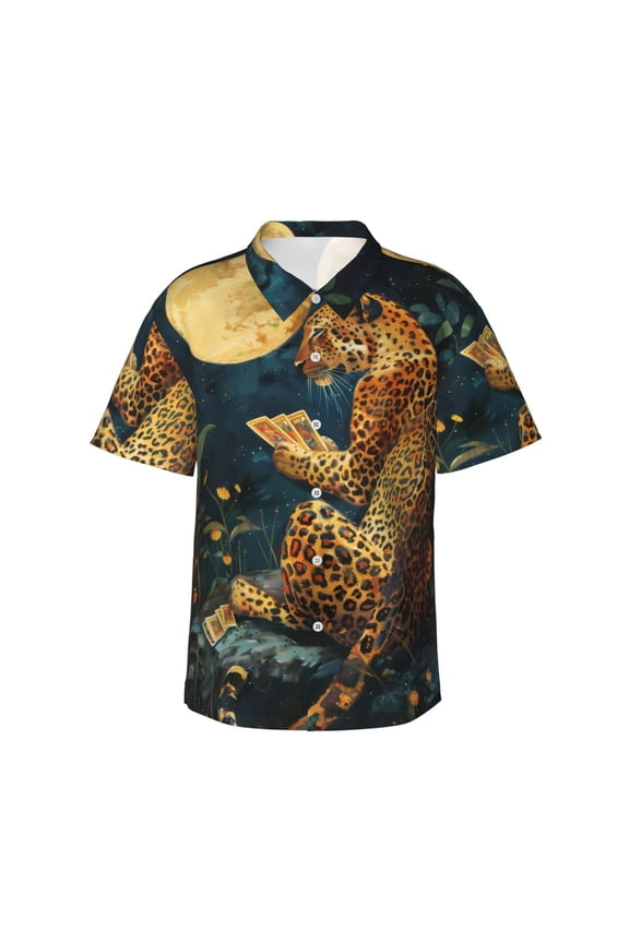 Leopard Reading Tarot Cards Print Mens Hawaiian Shirts,Loose-Fit Short Sleeve Button Down Tropical Aloha Beach Shirt,Summer Vacation Wedding Tops,Small