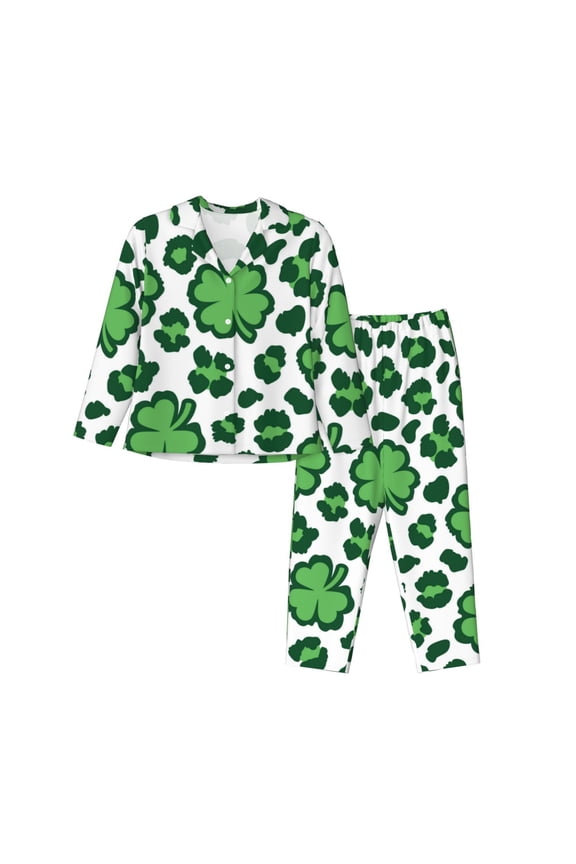 Leopard print St. Patrick's Day Print Womens Pajamas Set,Long Sleeve Sleepwear,Button Down Lounge Set 2 Pieces,Soft Nightwear Pjs Set-