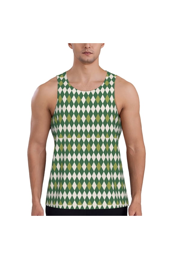 Light Green Squares Print Men's Workout Tank Top,Quick Dry Workout Tank Top,Gym Muscle Tee,Fitness Bodybuilding Sleeveless T Shirt-