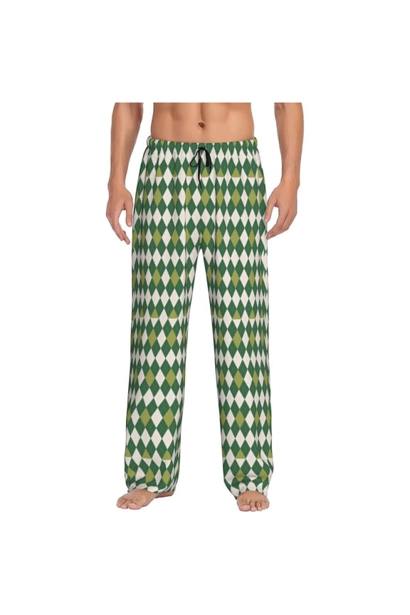 Light Green Squares Print Pajama Pants for Men,Men’s Pajama Bottoms,Mens PJ Pants with Pockets & Button Fly-3X-Large