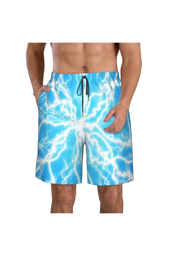 Light blue flash Print Mens Swim Trunks Quick Dry Board Shorts,Breathable Hawaii Beach Shorts Swimwear Bathing Suits-Large
