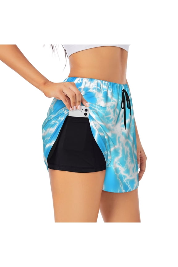Light blue flash Print Women 2 in 1 Running Shorts,High Waisted Athletic Shorts,Gym Workout Shorts with Liner Pockets-Large