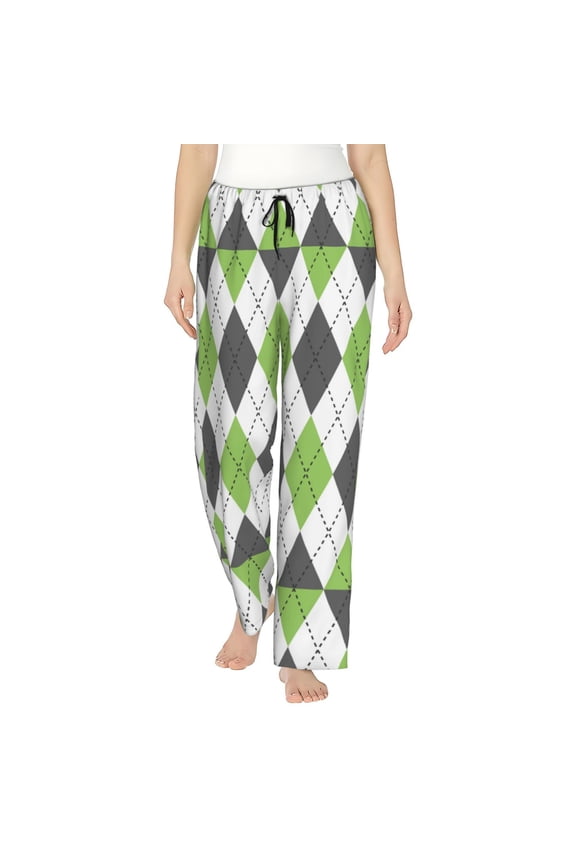 Light green and black argyle Print Women Pajama Pants,Comfy Pj Bottom with Pockets & Drawstring,Stretch Casual Sleepwear-Small