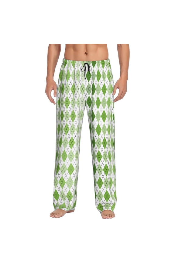 Light green argyle Print Pajama Pants for Men,Men’s Pajama Bottoms,Mens PJ Pants with Pockets & Button Fly-Large