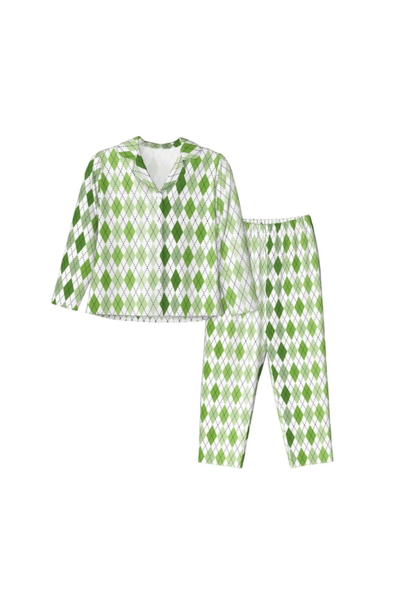 Light green argyle Print Womens Pajamas Set,Long Sleeve Sleepwear,Button Down Lounge Set 2 Pieces,Soft Nightwear Pjs Set-Large