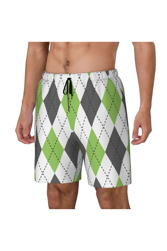 Light green and black argyle Print Men's Swim Trunk,Quick Dry Board Shorts ,Men's Swim Trunks with Compression Liner, Bathing Suits with Pockets-Small