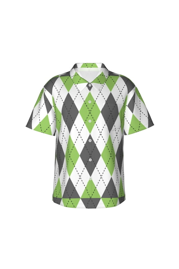 Light green and black argyle Print Mens Hawaiian Shirts,Loose-Fit Short Sleeve Button Down Tropical Aloha Beach Shirt,Summer Vacation Wedding Tops,XX-Large