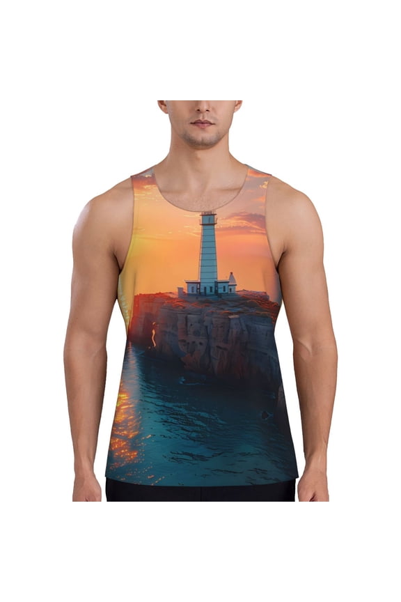 Lighthouse At Sunset Coast Print Men's Workout Tank Top,Quick Dry Workout Tank Top,Gym Muscle Tee,Fitness Bodybuilding Sleeveless T Shirt-Large