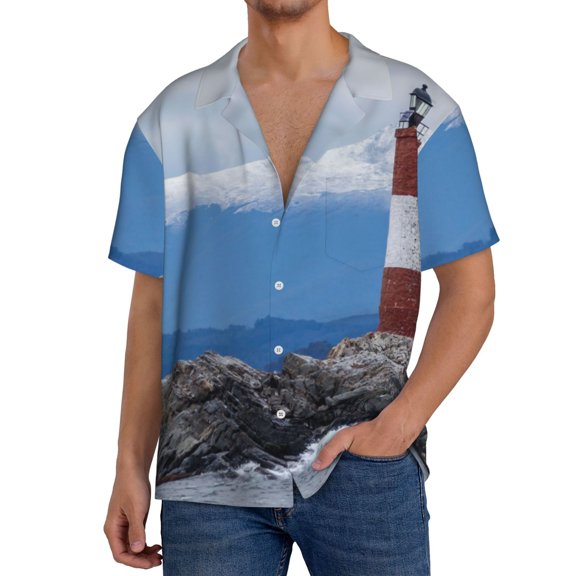 Logiee Lighthouse On The Waters Print Men's Button Down Shirts Short Sleeve, Summer Beach Shirts,Vacation Wedding Shirts,Men's Casual Button-Down Shirts with Pocket-X-Large
