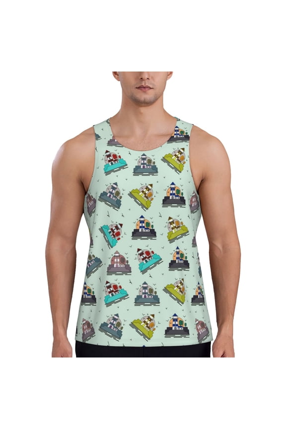 Lighthouse Print Men's Workout Tank Top,Quick Dry Workout Tank Top,Gym Muscle Tee,Fitness Bodybuilding Sleeveless T Shirt-Medium