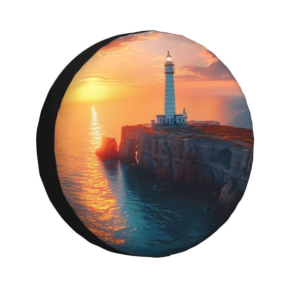 Logiee Lighthouse At Sunset Coast Print Spare Tire Cover, Universal Wheel Protectors,Waterproof Dust-Proof UV Sun Wheel Tire Cover,Fit for SUV, RV, Travel Trailer, Truck-16 inch