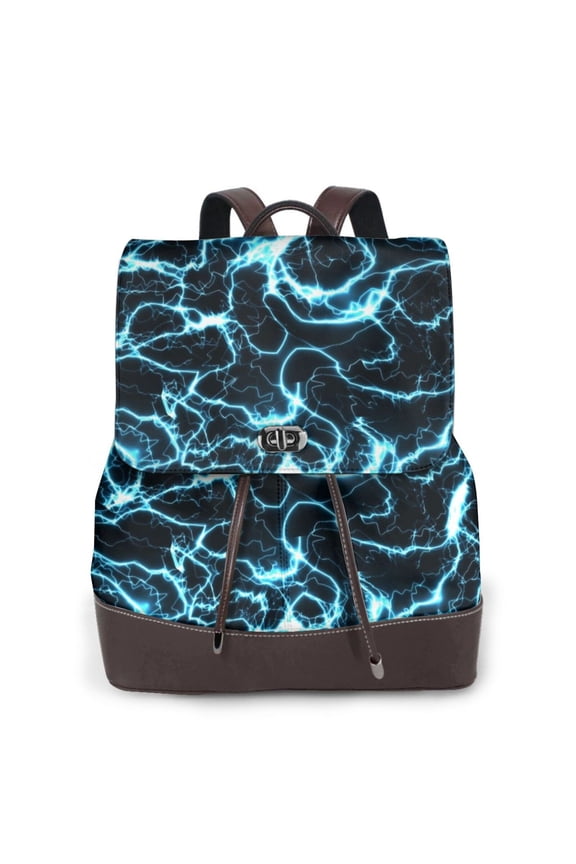 Lightning Print Women's Leather Backpack,Travel Laptop Backpack,Fashion Ladies Leather Backpack Bag for Travel,Leather Drawstring Daypack for Me