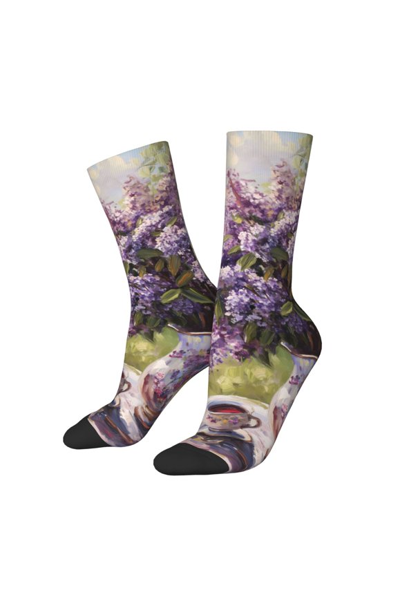 Lilacs Teapot Scenic Painting Print Adult Socks for Men & Women,Calf Socks, Ankle Socks,Boots Socks,Breathable Casual Sock,Unisex Crew Socks