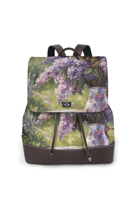 Logiee Lilacs Teapot Scenic Painting Print Backpack Purse for Women,Fashion Leather Backpack Purse,Women's Leather Backpack for Work College Travel