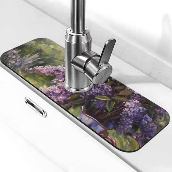 Logiee Lilacs Teapot Scenic Painting Print Kitchen Sink Splash Guard Faucet Mat for Splash Guard Behind Faucet Drip Catcher for Kitchen,Bathroom,Sink Mat,Dish Drying Mat,Bathroom-15" X 5.5"