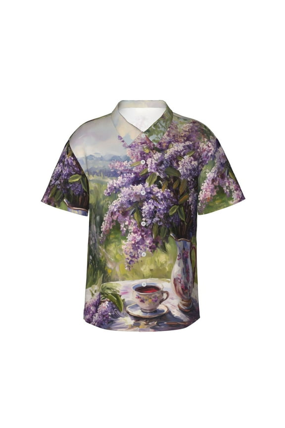 Lilacs Teapot Scenic Painting Print Mens Hawaiian Shirts,Loose-Fit Short Sleeve Button Down Tropical Aloha Beach Shirt,Summer Vacation Wedding Tops,Small