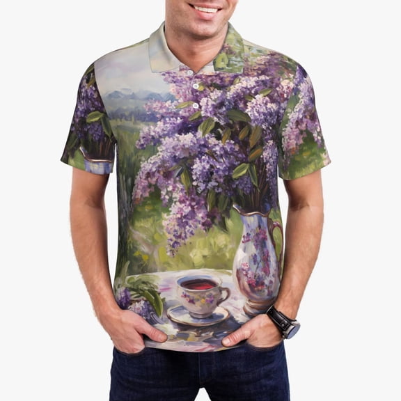 Logiee Lilacs Teapot Scenic Painting Print Mens Polo Shirts,Mens Golf Polo Shirts,Short Sleeve Casual Polo Shirts for Men,Summer Fashion Beach Shirts-Small