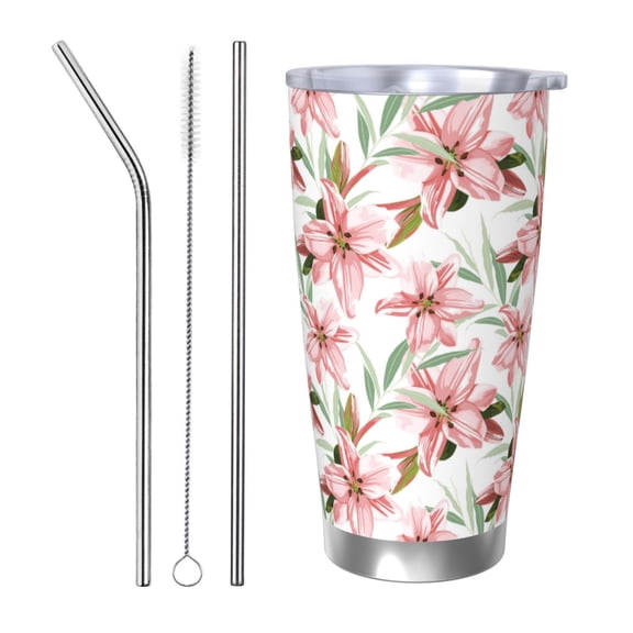 Logiee Lilies Flowers Print 20OZ Car Cup with Lid, Stainless Steel Vacuum Insulated Double Wall Travel Tumbler, Durable Insulated Coffee Mug,Thermal Cup with Straw-Straw Three-piece Set