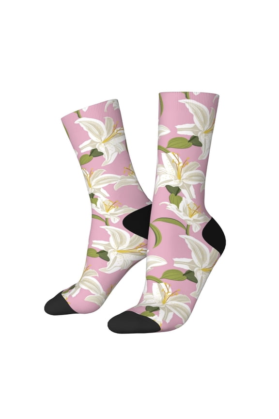 Lilies Flowers Print Adult Socks for Men & Women,Calf Socks, Ankle Socks,Boots Socks,Breathable Casual Sock,Unisex Crew Socks