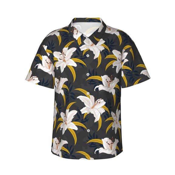 Logiee Lilies Flowers Print Mens Hawaiian Shirts,Loose-Fit Short Sleeve Button Down Tropical Aloha Beach Shirt,Summer Vacation Wedding Tops,Large