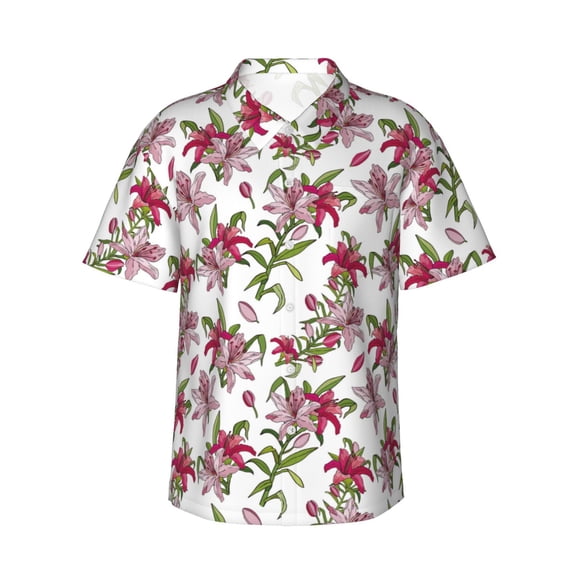 Logiee Lilies Flowers Print Mens Hawaiian Shirts,Loose-Fit Short Sleeve Button Down Tropical Aloha Beach Shirt,Summer Vacation Wedding Tops,Large