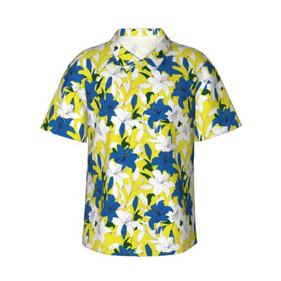 Logiee Lilies Flowers Print Mens Hawaiian Shirts,Loose-Fit Short Sleeve Button Down Tropical Aloha Beach Shirt,Summer Vacation Wedding Tops,Medium