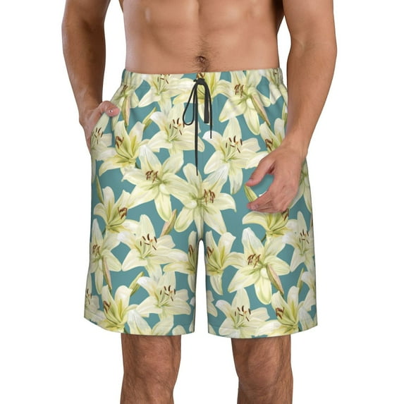 Logiee Lilies Flowers Print Mens Swim Trunks Quick Dry Board Shorts,Breathable Hawaii Beach Shorts Swimwear Bathing Suits-Medium