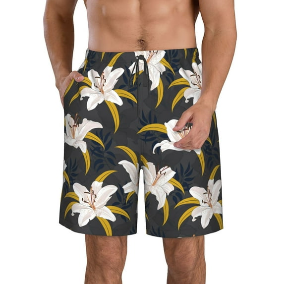 Logiee Lilies Flowers Print Mens Swim Trunks Quick Dry Board Shorts,Breathable Hawaii Beach Shorts Swimwear Bathing Suits-Small