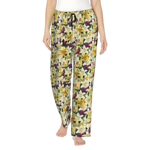 Logiee Lilies Flowers Print Women Pajama Pants,Comfy Pj Bottom with Pockets & Drawstring,Stretch Casual Sleepwear-X-Large