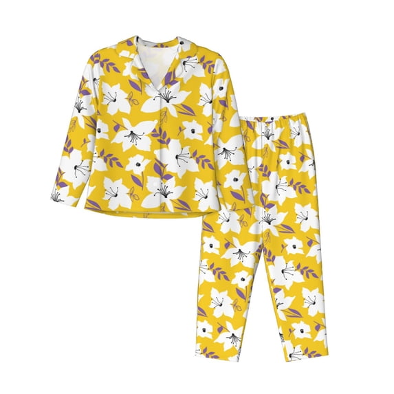 Logiee Lilies Flowers Print Womens Pajamas Set,Long Sleeve Sleepwear,Button Down Lounge Set 2 Pieces,Soft Nightwear Pjs Set-Medium
