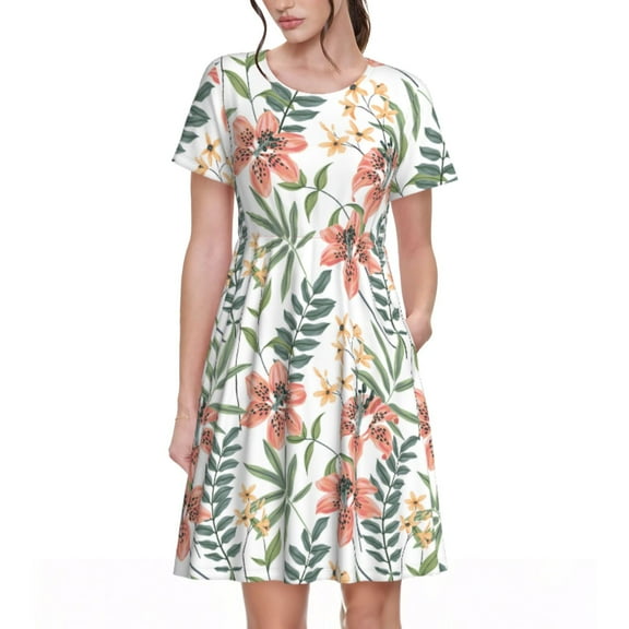 Logiee Lilies Flowers Print Womens Summer Dress,Casual Short Sleeve Sundresses,Beach A-line Shift Dress with Pockets