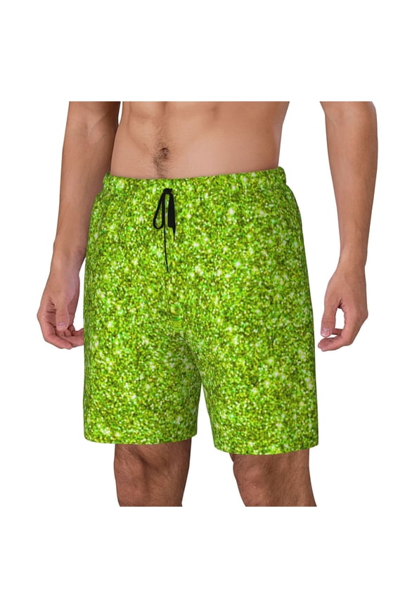 Lime green glitter Print Men's Swim Trunk,Quick Dry Board Shorts ,Men's Swim Trunks with Compression Liner, Bathing Suits with Pockets-XX-Large