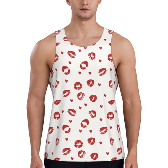 Logiee Lips Kiss Print Men's Workout Tank Top,Quick Dry Workout Tank Top,Gym Muscle Tee,Fitness Bodybuilding Sleeveless T Shirt-Small