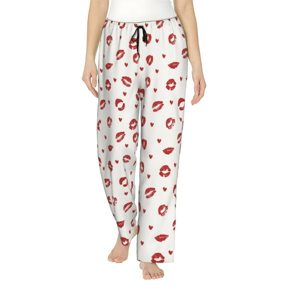 Logiee Lips Kiss Print Women Pajama Pants,Comfy Pj Bottom with Pockets & Drawstring,Stretch Casual Sleepwear-Large