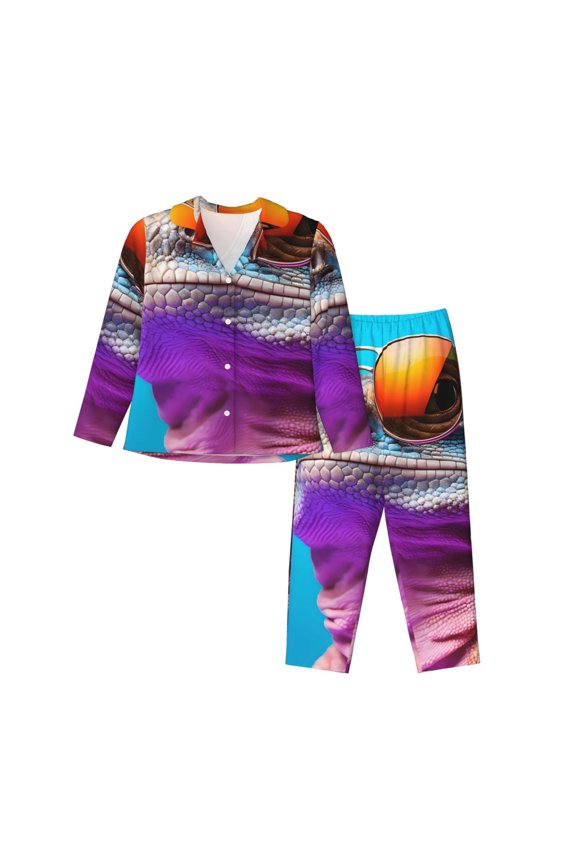 Lizard With Sunglasses Colorful Print Womens Pajamas Set,Long Sleeve Sleepwear,Button Down Lounge Set 2 Pieces,Soft Nightwear Pjs Set-Medium