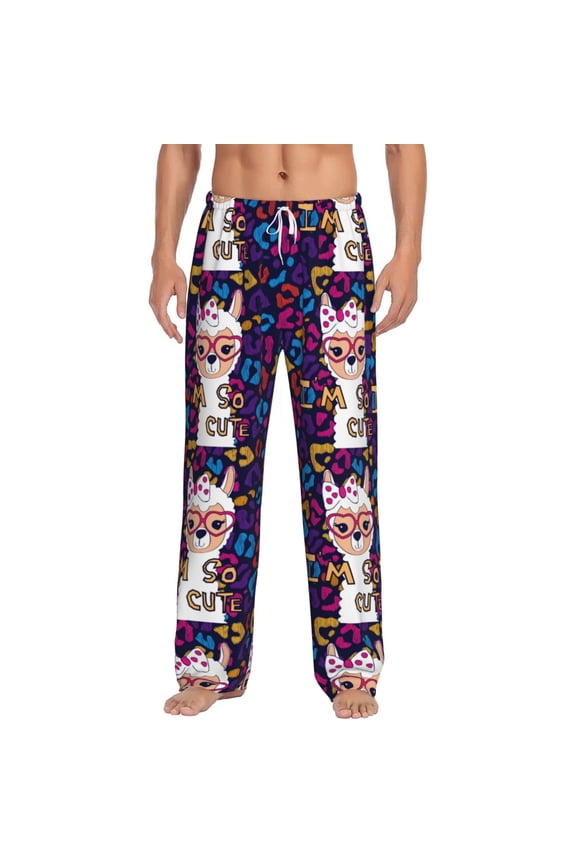 Llama Alpaca Print Pajama Pants for Men,Men’s Pajama Bottoms,Mens PJ Pants with Pockets & Button Fly-Large