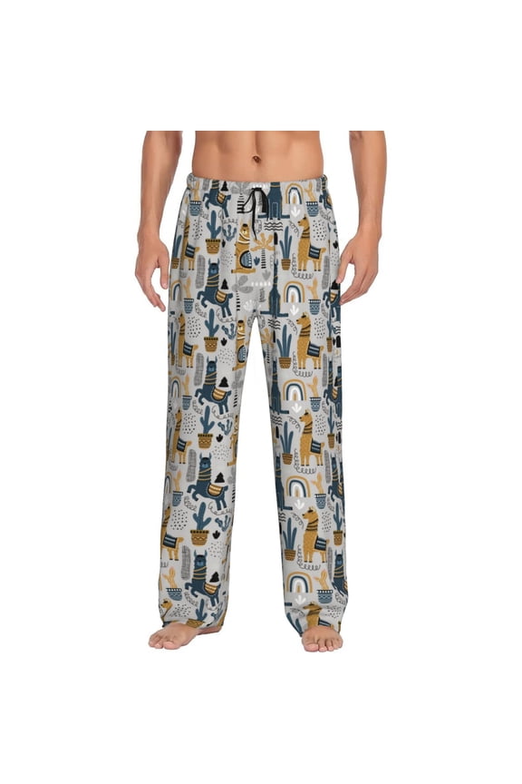 Llama and Cactus1 Print Pajama Pants for Men,Men’s Pajama Bottoms,Mens PJ Pants with Pockets & Button Fly-Large