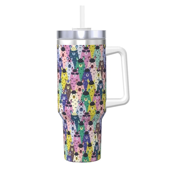 Logiee Llamas Colorful Print 40OZ Ice Bully Cup with Handle and Straw, Double Wall Stainless Steel Tumbler,Travel Coffee Cup with Lid, Summer Insulation and Cooling Cup