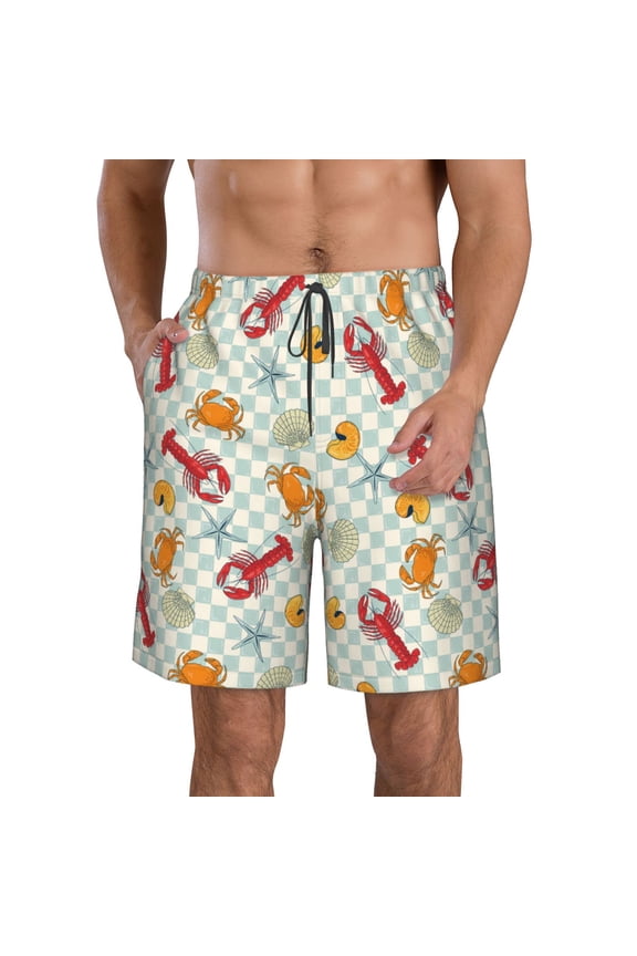 Lobster Sea Shell Print Mens Swim Trunks Quick Dry Board Shorts,Breathable Hawaii Beach Shorts Swimwear Bathing Suits-Large