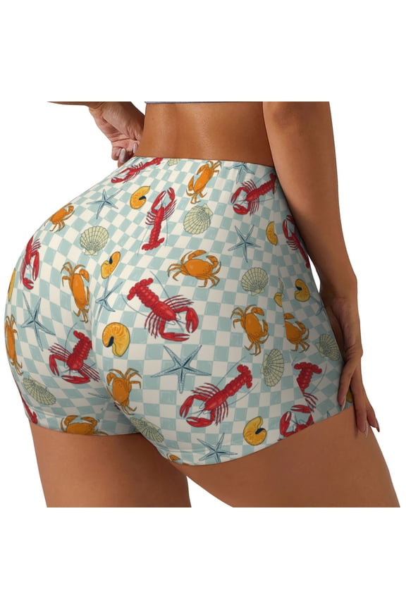 Lobster Sea Shell Print Women's Biker Shorts,Workout Gym Shorts,Scrunch Shorts,Tummy Control Hidden Scrunch Running Yoga Shorts-Medium