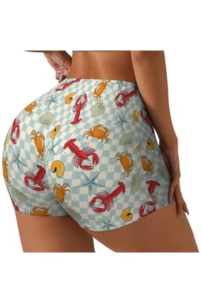 Lobster Sea Shell Print Women's Biker Shorts,Workout Gym Shorts,Scrunch Shorts,Tummy Control Hidden Scrunch Running Yoga Shorts-XX-Large